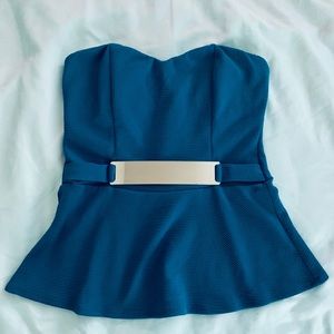 Blue lace strapless top with metal belt